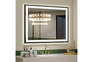 YU YUSING Espejo de Baño con Luz LED 70x50cm, Espejo Cosmético Luminoso de Pared con 3 Colores Ajustables, Marco de Metal, Indicación de Hora, Antivaho, IP44 Impermeable, Horizontal, Color Negro