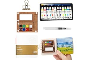 ZYLUNIY Acquerelli da Viaggio, Mini Kit Acquerelli Portatile, Mini set acquerello con clip per rilegatura, Palette Acquerellabili in Legno con Album da Disegno, Penna e Clip per Pittori, Artisti, Studenti