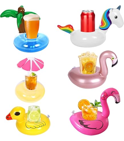 Aufblasbare Getränkehalter Für Poolparty – 12 Stück, Flamingo, Krabbe, Regenbogen-Designs, Inkl. Luftpumpe