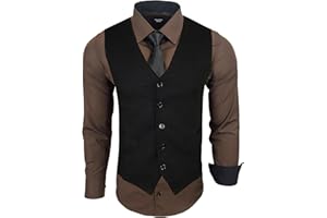 Subliminal Mode - Gilet + Chemise + Cravate Homme Col Bicolore Uni Manches Longues Coupe Ajusté Business Repassage Facile RN33