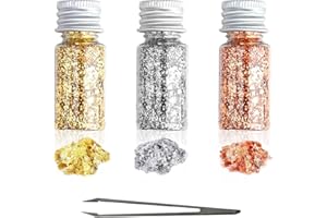 BIVOFU 3 Stück 30ml Blattgold Flocken, Mehrzweck-Dekorfolie in Gold, Multifunktionale Dekorative Goldfolie, Silber und Roségold für Kunsthandwerk und Tischdekoration Feierlichkeiten (Mit Pinzette)