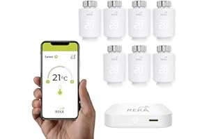 Tête Thermostatique Intelligente Connectée REKA - Contrôle Température Via Appli Tuya, Programmation, Détection Fenêtres Ouvertes - Compatible Assistants Vocaux (7, avec Passerelle)