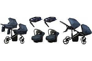 BabyLux® Enfant Poussette pour jumeaux Combinée Set 4 en 1 - Duo | Antracyt - incl. Nacelle, Canne, Siège de voiture, ISOFIX Base - Siège Auto - Landau Bébé - avec Sac à langer, Habillage pluie etc.