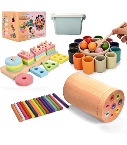 Purpledi Jeux Montessori Motricité Bébé Jouets Montessori Educatifs en Bois Garçons et Filles, Jouets Montessori en Bois 1 2 3 Ans, Jeux Montessori Object Boîte Permanente, Noël Cadeaux Enfants (A