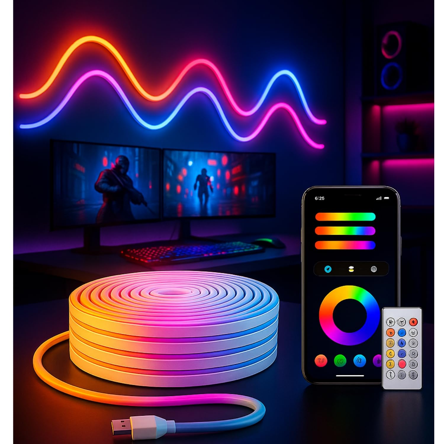 One94Store Smart LED Strip Light 5M with App & Remote Control, Music Sync RGB Lights, 16 Million Colors, Flexible SMD Rope Light for Gaming Room, Bedr