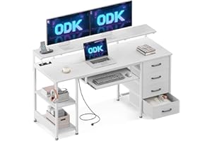 ODK Scrivania con 4 Cassetti, 140x52x92cm Scrivania per Computer con Presa di Corrente e Ricarica USB, Scrivanie da Gioco Tavolo Scrivanie con Ripiani Regolabili per la Casa, Bianco