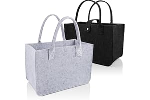 PUWOWYE 2 Stück Filztaschen Shopper, Filztasche Groß 20L, Faltbar Tragetasche Shopping Bag, Tasche Filz zur Spielzeug, Einkaufen, Ausgehen, Aufbewahrung, 39x26x20cm, Hellgrau Schwarz