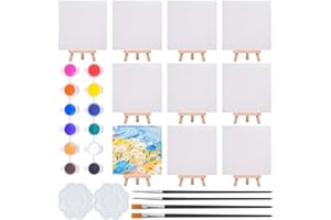 Annickee 10Pcs Mini Canvas and Easel Set, 15 x 15cm Small Canvases for Painting, Blank Canvas Folding Wooden Easel, with 12 Acrylic Paint/4 Paint Brushes/2 Palette, for Artists Art Party, Hobby Class