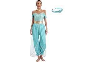 Runhomal Déguisement Princesse Arabe Femme Costume Paillettes avec Bandeau Couvre-chef Carnaval Halloween