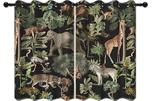 YONGFOTO 117x138cm Jungle Curtains for Kids Bedroom, Safari Animal World Wildlife Elephant Giraffe Green Forest Blackout Window Drapes with Eyelet for Living Room, 2 Panels
