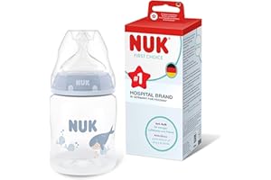 NUK First Choice Baby Bottle | 0+ Months | 150ml | Anti Colic Feeding Bottle | PP | Temperature Control Indicator | Whale | 1 Count