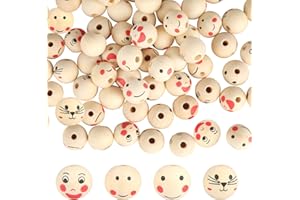 XIEJ 120 Stück Holzperlen mit Gesicht 20mm, 4 Stile Holzköpfe mit Gesicht, Sorgenwürmchen Zubehör, Holzperlen zum Auffädeln für DIY Schmuck Armband Herstellung Handwerk