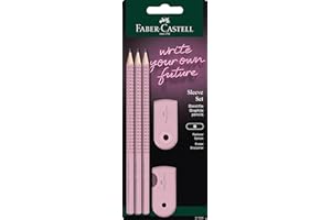 FABER-CASTELL 217084 – zestaw ołówków Sleeve, z temperówką, gumką do ścierania i 3 ołówkami, zestaw do pisania Grip 2001 Rose Shadows
