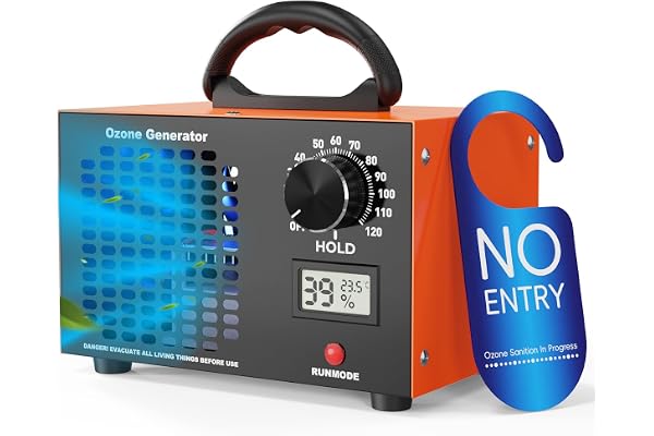 Ozongenerator 120000 mg/h – 2-i-1 bärbar ozon luftrenare med 120-min timer, temperatur- och fuktighetsdisplay, industriell ozonmaskin O3 för bil, hem, hotell, kök och djurluktborttagare