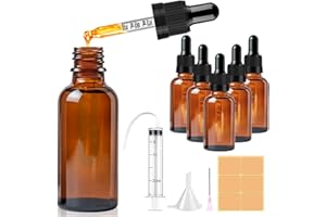 CoKeeSun 5 Stück 50ml Glasflasche mit Pipette, Wiederverwendbar Pipettenflasche, Braunglasflasche Apothekerflasche mit Trichter, Spritze, Etikett für Ätherische Öle Aromatherapie-Düfte