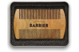 Peigne à Barbe et Cheveux 2-en-1 pour homme de Monsieur BARBIER | En bois de Santal brut 100% naturel | Dans sa boîte en métallique | Format de poche et voyage | Pour un soin et un entretien premium