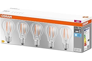 OSRAM LED BASE Classic A60, lampade LED a filamento chiaro in vetro per base E27, forma di lampadina, bianco freddo (4000K), 806 lumen, sostituisce le lampadine tradizionali 60W, scatola da 5