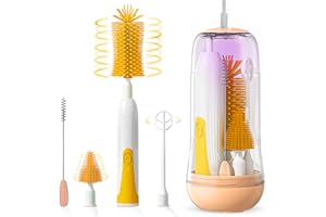 FALUCKYY Baby Bottle Brush Set，6 in 1 Bottle Brush Baby，Portable Electric Bottle Brush， Multifunction Baby Bottle Cleaner Brush（yellow)