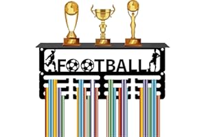 CREATCABIN Porta Medaglie Calcio Porta Trofei Espositore Medaglie 12 Gancio Supporto Mensola Sport 4 File Montaggio A Parete Contiene 70+ medaglie Uomini Donne Calcio Corsa Nuoto Premi 29x13x10cm