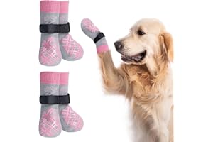BEAUTYZOO 2 Pairs Anti Slip Dog Socks to Prevent Licking Paws, Dog Shoes for Hot Pavement Small Medium Large Senior Dogs, Pet Boots & Paw Protectors for Hardwood Floors Traction Control, Grey Pink L