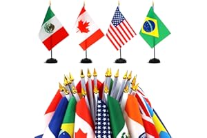 Anley 24 Countries Deluxe Table Flags Set - 7.5 x 5.5 Inch Miniature American US Table Flag with 12.5 Inch Black Pole - Vibrant Colour and Non-fading - Comes with Black Base