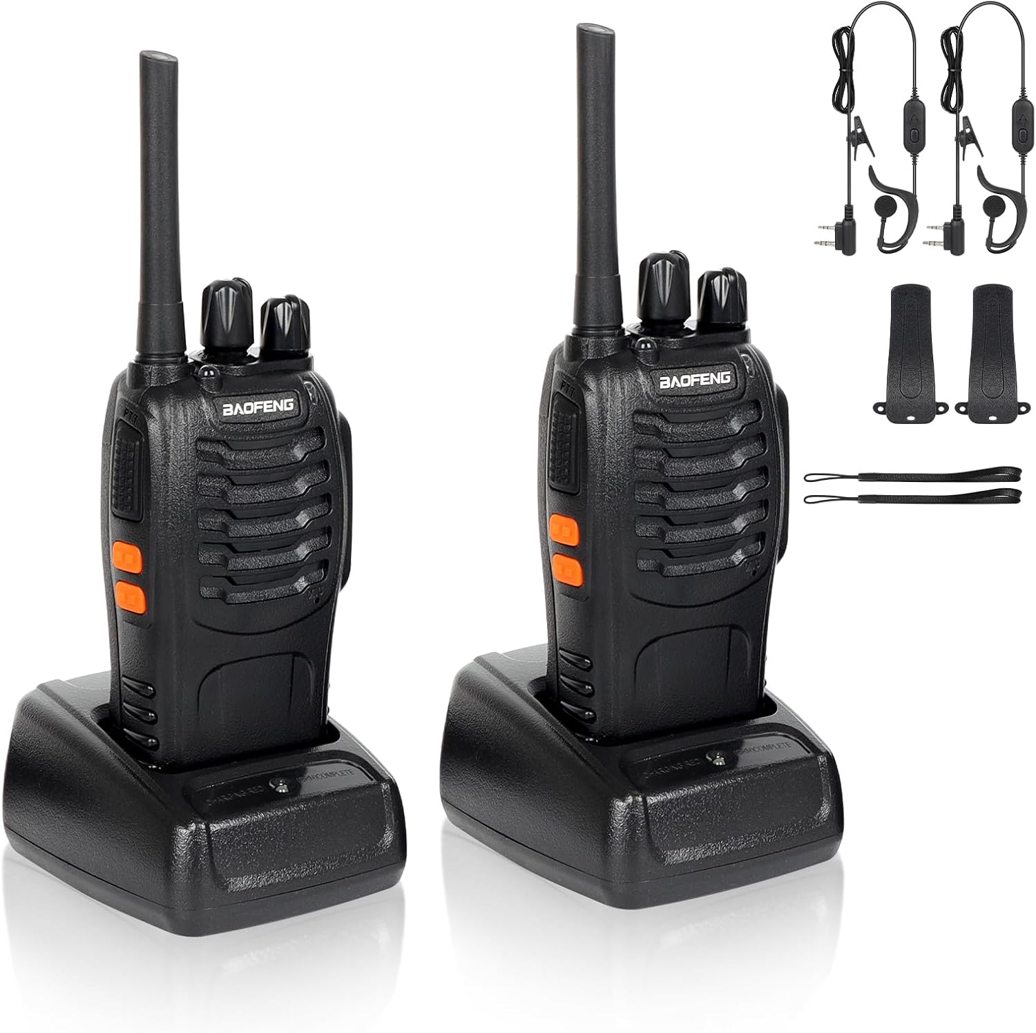 RKK Walkies Talkies Profesionales 16 Canales CTCSS DCS, Recargables 1500mAh con Cargador USB, Radiocomunicación con el Auricular Incorporado Antorcha de LED, VHF, Negro BF-88E