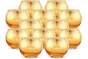 NUPTIO Portavelas Votivo de 12 Piezas de Mercurio Redondo, Hecho de Vidrio de Mercurio con Acabado Dorado Moteado, para Decoraciones de su Boda o Decoración del Hogar