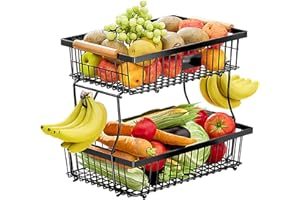 Foeska 2-poziomowy kosz na owoce z wieszakami na banany, kosze na owoce do kuchni, drewniany uchwyt, łatwy montaż, zdejmowany, idealna miska na owoce i stojak na warzywa, miska na owoce z wieszakiem