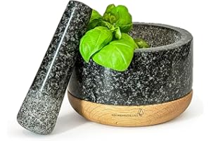 KRONENSCHLUSS – Mörser mit Stößel – langlebig mit stabilen Eichenholzsockel und robusten Granit – Durchmesser ⌀ 14 cm