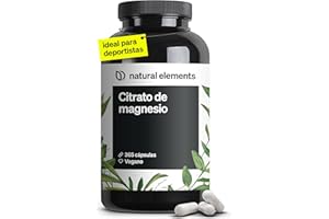 NATURAL ELEMENTS Citrato de Magnesio - 365 Cápsulas en alta dosificación - 2320mg, de los cuales 360mg son de magnesio elemental al día - Para Músculos, Huesos y Sistema Inmunitario - Probado en laboratorio