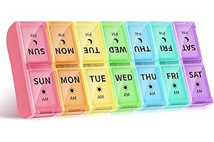 Opret Weekly Pill Organiser, Small Pill Box 7 Day 2 Times a Day for AM PM, Portable Travel Tablet Organiser with 14 Removable Compartments, for Vitamins Supplements Medication (Rainbow)