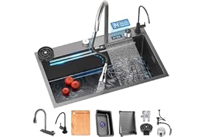 LIUOZ Fregadero De Cocina En Cascada De Acero Inoxidable 304 Negro, Fregadero De Estación De Trabajo Nano Con Pantalla Digital, Grifo Extraíble, Fregadero De Cocina Con Accesorios (Color : negro, S : 85x4