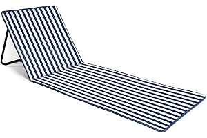 just be... - Tappetino da spiaggia pieghevole, leggero, portatile, regolabile, con schienale reclinabile e tasca portaoggetti, per vacanze, giardino, campeggio, parco e festival, righe blu