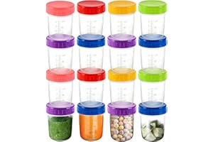 Jucoan 16 Pack Glass Baby Food Storage Jar, 180 ml Small Glass Jars, BPA Free Reusable Containers with Colorful Lids & Marker, Leakproof, Microwave & Dishwasher Safe