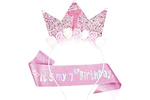 LunarCharm birthday decorations for girls, hairband and glitter sash for litter girls as birthday decorations, flower princess crown hairband