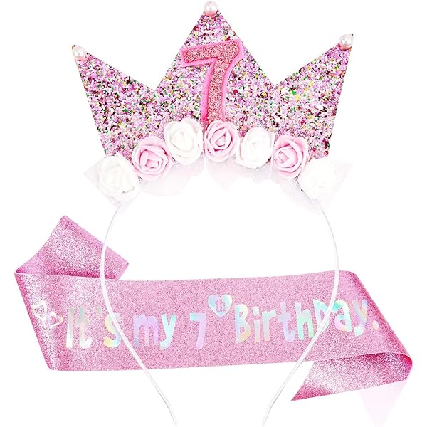 Decorazioni 7° Compleanno Ragazze - Cerchietto E Brillantini Rosa Con Corona Floreale - Foto 14