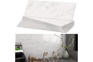 BeNice Selbstklebende Wandfliesen aus Marmor, U-Bahn-Fliesen, Spritzschutzfliesen für Küche, Badezimmer, einzelne Fliesen, groß (16 Fliesen, Carrara-Weiß)