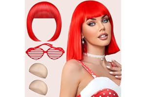 NATURAS BOUQUTIS Parrucca Donna, Parrucche Carnevale Donna, Parrucca Caschetto Rossa con Colorate Occhiale et 2 Cappuccio Parrucca, BOB Wig per Carnevale Costume Cosplay Spettacolo Teatrale