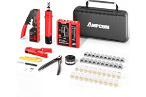 AMPCOM Kit de herramientas de crimpado Ethernet 10 en 1, kit de herramientas de red RJ45/RJ11 con probador RJ45 para conectores Cat6/5e RJ45, incluye herramienta de perforación 110 y pelacables, bolsa