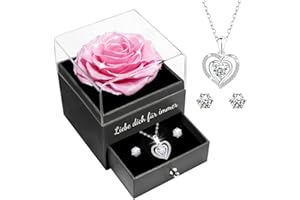Miofula Ewige Rose Geschenke für Frauen, Konservierte Rosen mit Herz Halskette und Ohrringe aus 925 Sterlingsilber, Rosen Geschenkebox für Mama Frau zum Geburtstag Weihnachten Valentinstag Muttertag