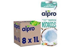 ‎ALPRO Alpro Kokosnussdrink mit Reis – Vegan, milchfrei, glutenfrei – Ohne Zuckerzusatz – Von Natur aus laktosefrei – Reich an Ballaststoffen, Calcium und Vitaminen– 8 x 1L – Haltbar