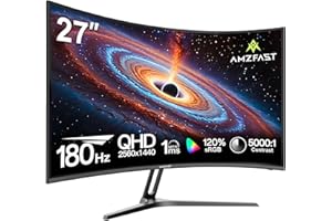 Amzfast Écran PC Gaming 27 Pouces Incurvé, 2k QHD(2560 x 1440), 180 Hz Moniteur, 1Ms MPRT, 1500R, sRGB 130%, Adpative Sync, HDR, Anti-Flicker, Eyes-care,VESA 100 x 100, HDMI 2.0*2/DP 1.2*2, AMZG27C1Q
