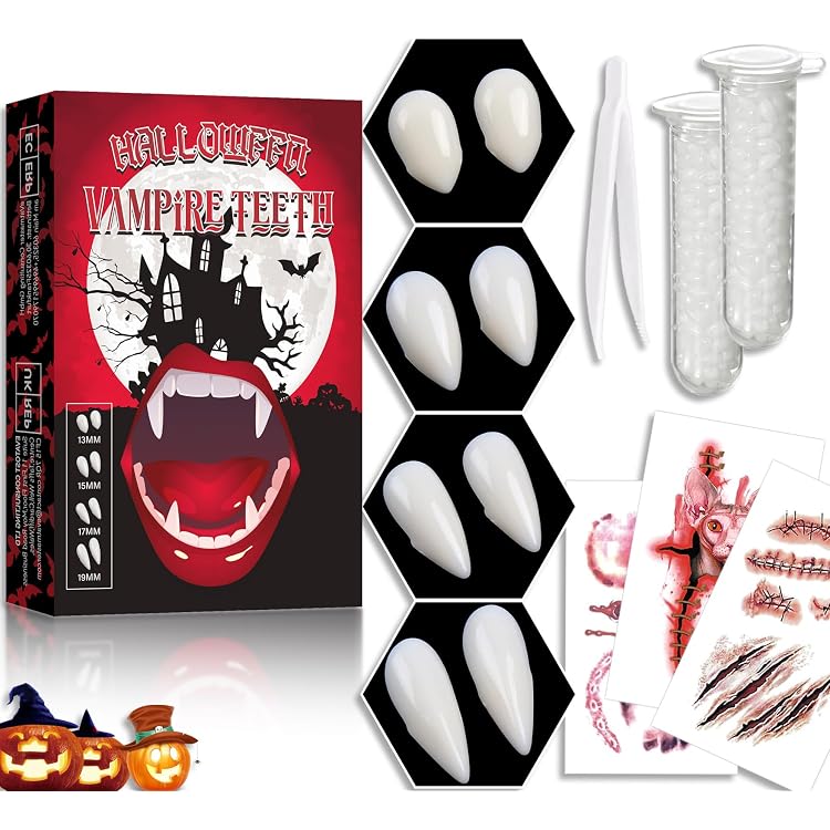 Denti Da Vampiro Per Halloween - 4 Paia Con Colla Solida E Tatuaggi, Dimensioni Diverse, Resina Sicura