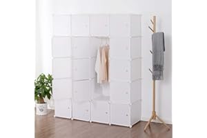 DEULINE 45cm Tiefe Kleideraufbewahrung DIY Kleiderschrank Regalsystem Steckregal Garderobenschrank Aufbewahrung Würfelregal Bücherregal mit Tür, 20 Würfel, Kunststoff, Weiss 521002