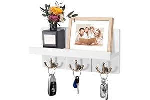 Jemyxhw Key Holder with Shelf, Wooden Key Holder with 3 Double Key Hooks, Wall Shelf, White, Decorative Shelf, for Entrance, Mudroom, Hallway, Bedroom, Living Room