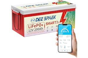 DEESPAEK Batterie lithium LiFePO4 Bluetooth 12V 200Ah, Batterie à cycle profond 4000-15000, BMS intégré avec cellule de qualité A, Max 2560Wh pour Solaire, Caravanes, Camping car, Moteur à la traîne