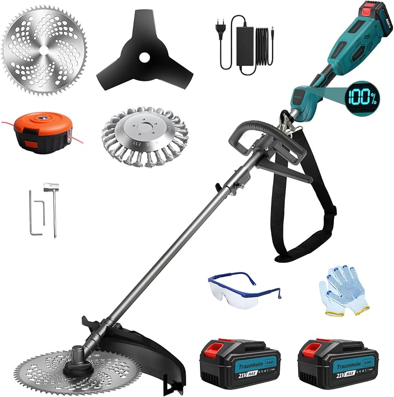 Traumheim Akku Rasentrimmer mit 2 x 4.0Ah Batterien, 4-in-1 Elektrischer Akku Motorsense & Rasentrimmer Rasen, 950W Bürstenloser Motor, Akku Freischneider für Rasenschneiden und Garten