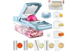ADOV Mandolina de Cocina Profesional, 12 en 1 Cortador Verduras Multifuncional, 7 Reemplazable Cuchillas Acero Inoxidable Alimentos Slicer para Cortar Fruta Vegetales Patata Cebolla – Azul