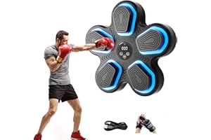 Hocomay Máquina de boxeo musical con 10 modos y 9 velocidades, máquina de boxeo musical Bluetooth inteligente con guantes, diana electrónica de boxeo LED montada en la pared para casa