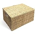 Woodluv Storage Boxes With Lids, Storage Baskets With lids, Woven Natural Seagrass, Storage Baskets for Shelves, Gift Hamper basket, Extra Large